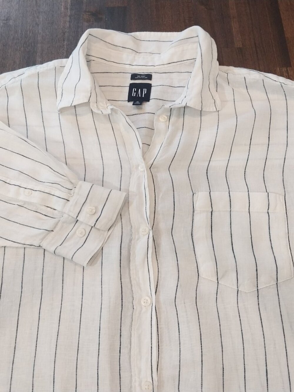 Gap 100% Linen Big Button Up Shirt Womens XL Tall White Blue Striped Oversized.